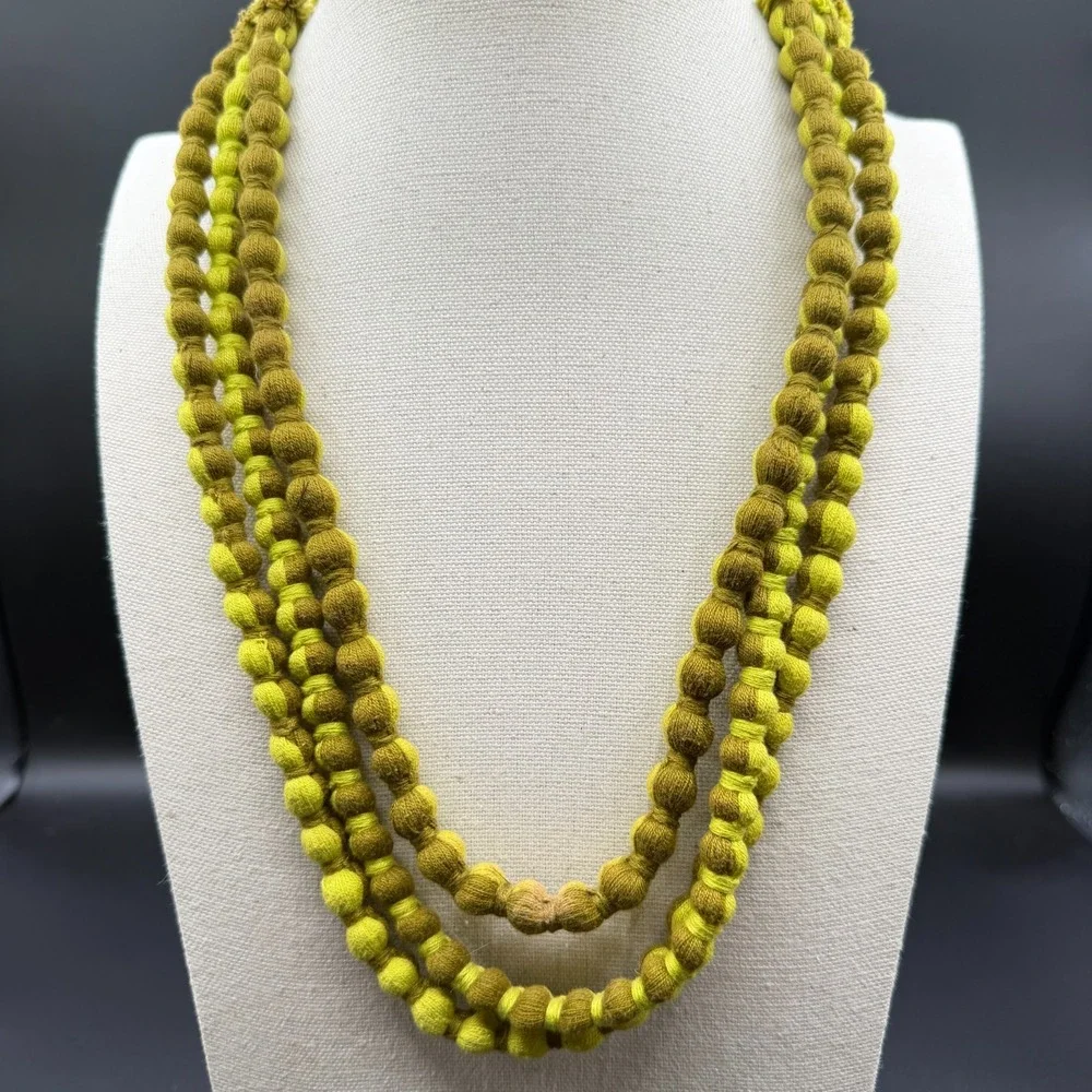 Green Ombre Tone Fabric Bead Necklace Multi Strand Knotted Statement Jewelry
